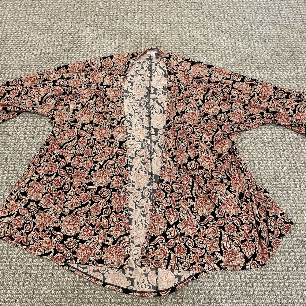 LulaRoe Kimono Womens Medium Cardigan Open Front Light Weigh Red Floral Black
